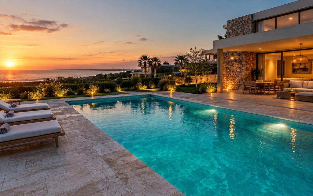 Piscina moderna con agua cristalina en Punta del Este al atardecer